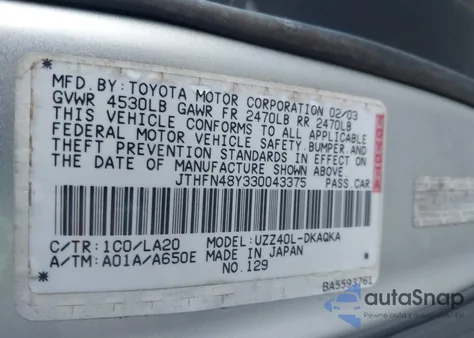 2003 Lexus Sc 430 z USA, uszkodzony, nr VIN JTHFN48Y330043375